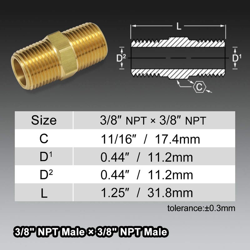 boeray 2pcs 3/8" to 3/8" NPT Male Thread Brass Straight Hex Nipple Fast Coupler Pipe Hose Fitting 3/8 inch x 3/8 inch Straight Fitting - Image 2